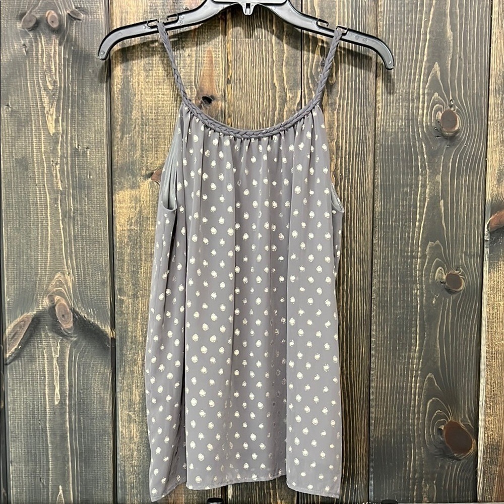 Paper Crane Polka Dot Top S Grey Gold Shimmer Rope Straps‎ Boho Overlay Tank